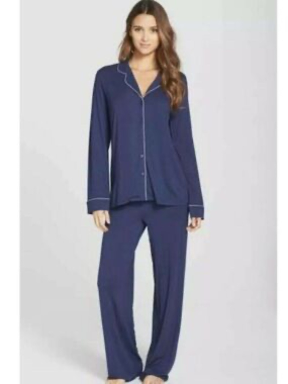 Nordstrom Navy Blue Long-Sleeve Pajamas with White Piping